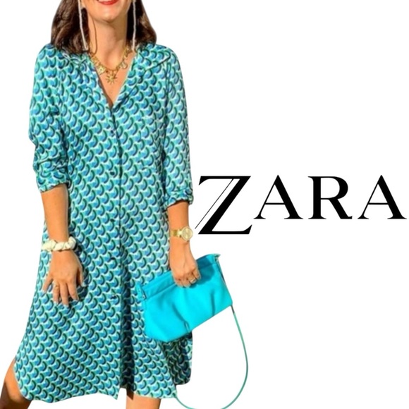ZARA retro geometric print long sleeve button down shirt dress OVERSIZED Small - Picture 1 of 12
